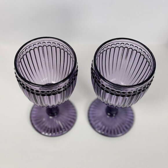 VTG Rosanna Wine Glasses 8 OZ Purple Mouth-Blown Thick Glass Fancy  2PCs - Picture 6 of 7